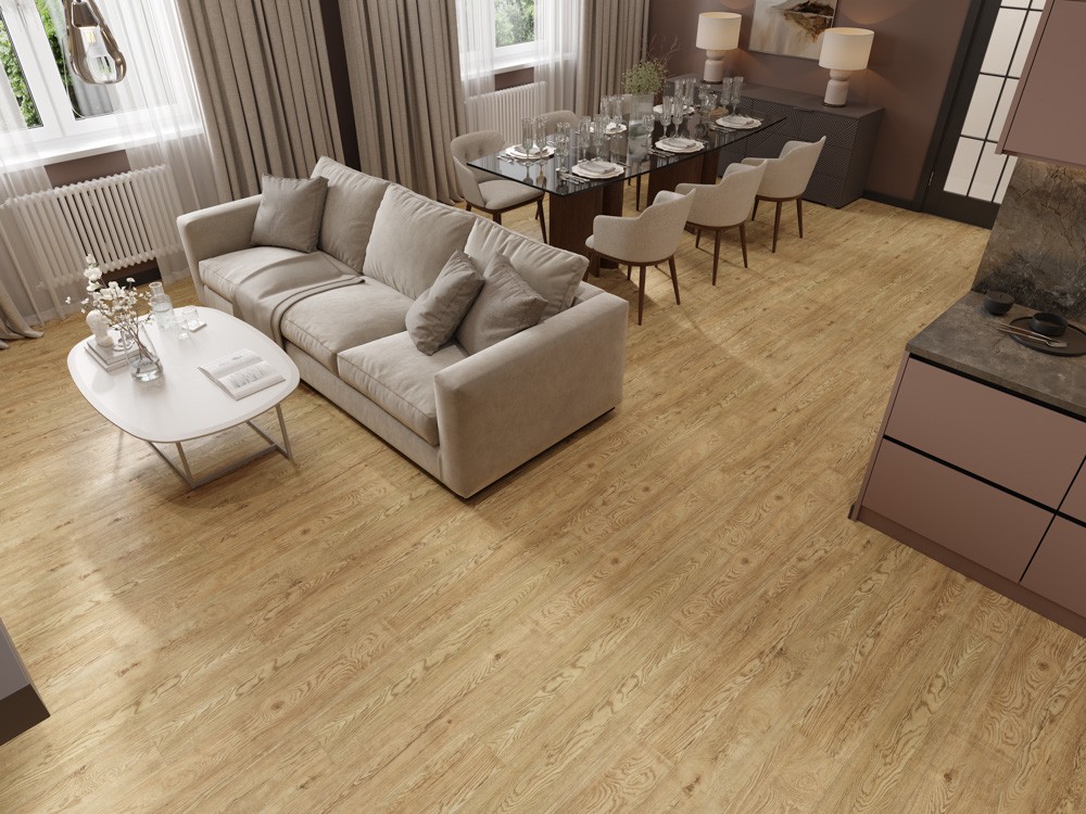 Кварцвиниловый SPC ламинат Cronafloor Grand Sequoia Дуб Золотистый 1200×180×5 фото в интерьере